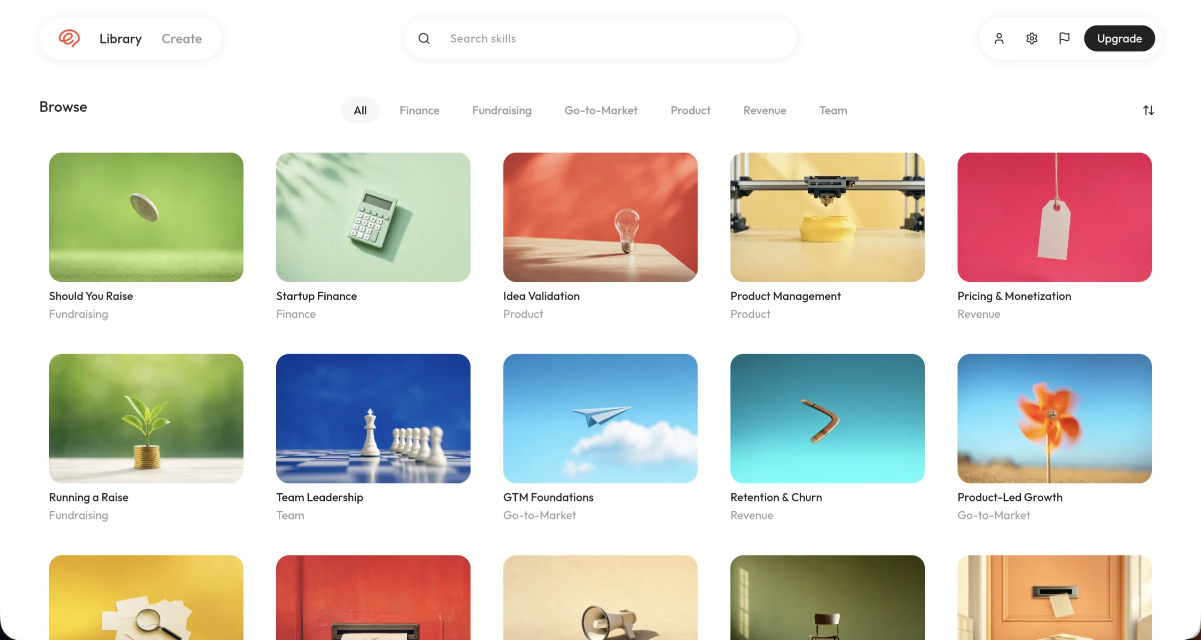 The exabrain library: every skill as a cover in a grid, filtered by category.